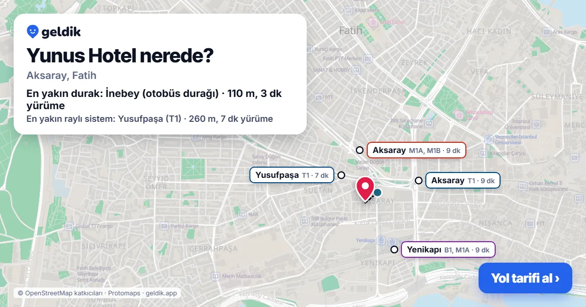 Where is Yunus Hotel: map with its location and the nearest stops, with walking times
