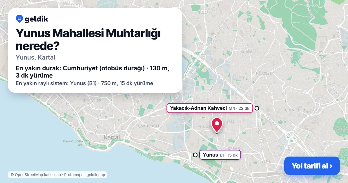 Yunus Mahallesi Muhtarlığı nerede: haritada konumu ve en yakın duraklar, yürüme süreleriyle