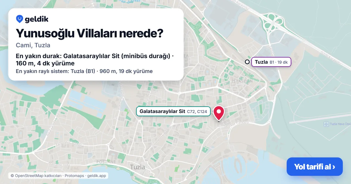 Where is Yunusoğlu Villaları: map with its location and the nearest stops, with walking times