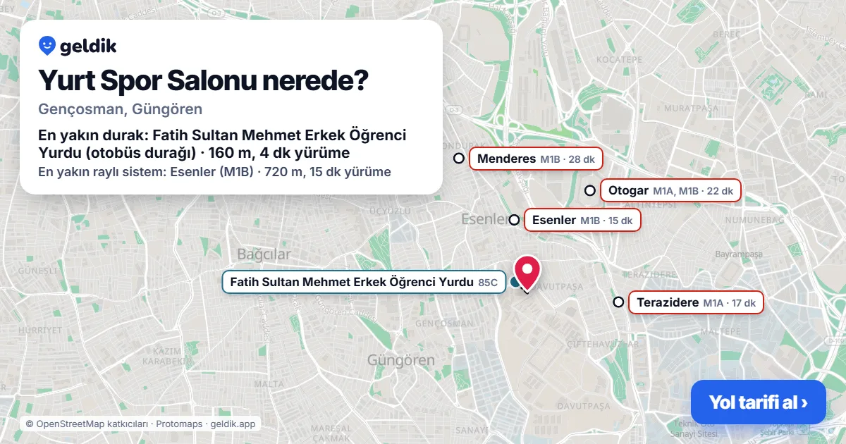 Yurt Spor Salonu nerede: haritada konumu ve en yakın duraklar, yürüme süreleriyle
