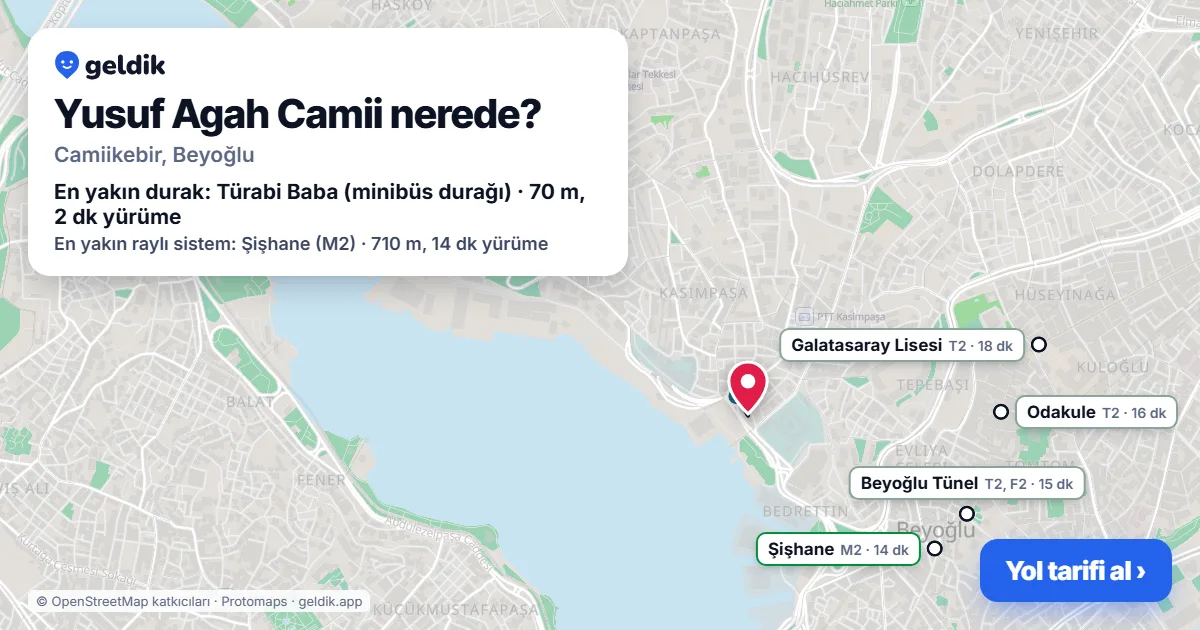 Yusuf Agah Camii nerede: haritada konumu ve en yakın duraklar, yürüme süreleriyle