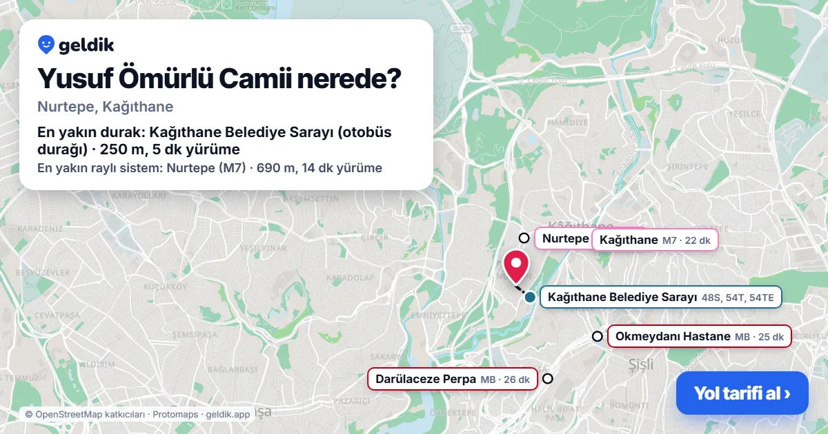 Where is Yusuf Ömürlü Camii: map with its location and the nearest stops, with walking times