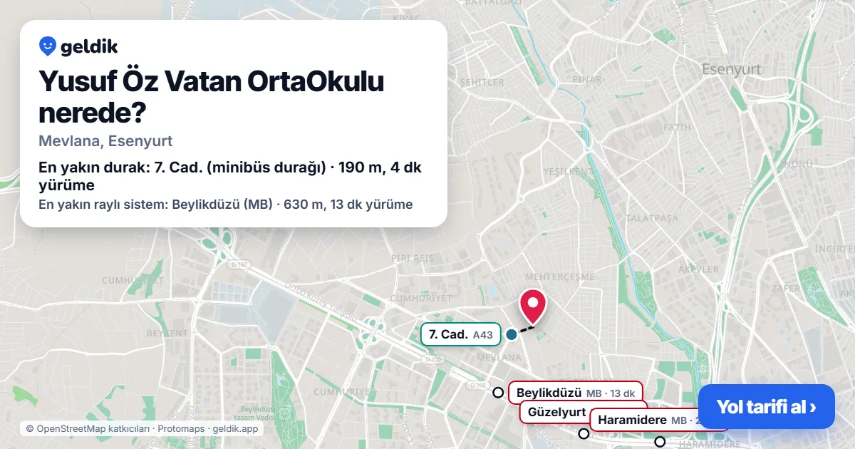 Yusuf Öz Vatan OrtaOkulu nerede: haritada konumu ve en yakın duraklar, yürüme süreleriyle