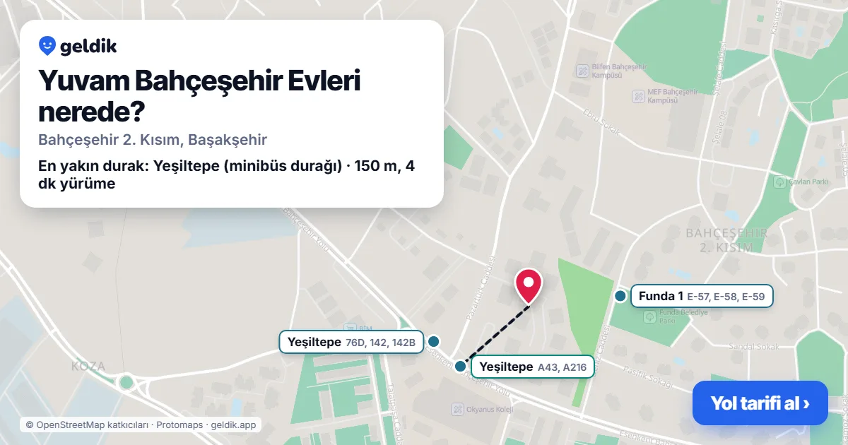 Yuvam Bahçeşehir Evleri nerede: haritada konumu ve en yakın duraklar, yürüme süreleriyle