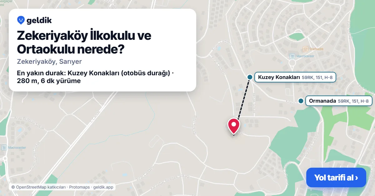 Where is Zekeriyaköy İlkokulu ve Ortaokulu: map with its location and the nearest stops, with walking times