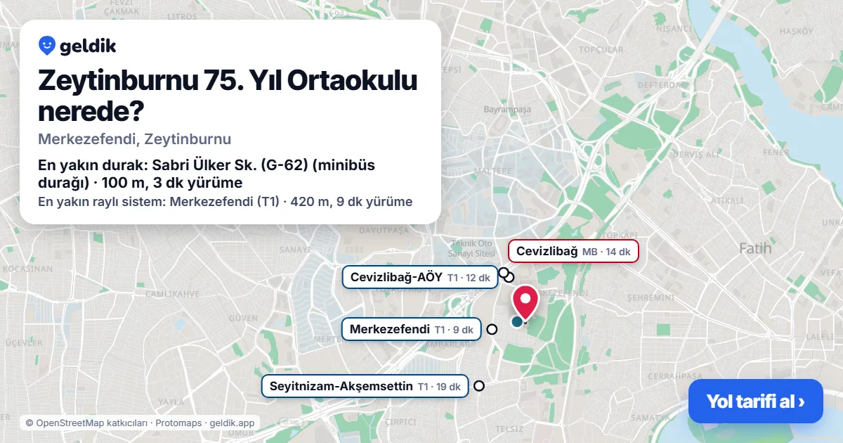 Where is Zeytinburnu 75. Yıl Ortaokulu: map with its location and the nearest stops, with walking times