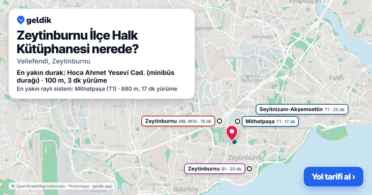 Zeytinburnu İlçe Halk Kütüphanesi nerede: haritada konumu ve en yakın duraklar, yürüme süreleriyle