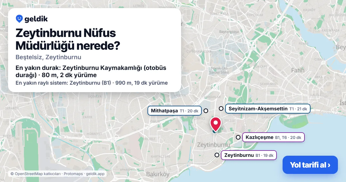 Where is Zeytinburnu Nüfus Müdürlüğü: map with its location and the nearest stops, with walking times