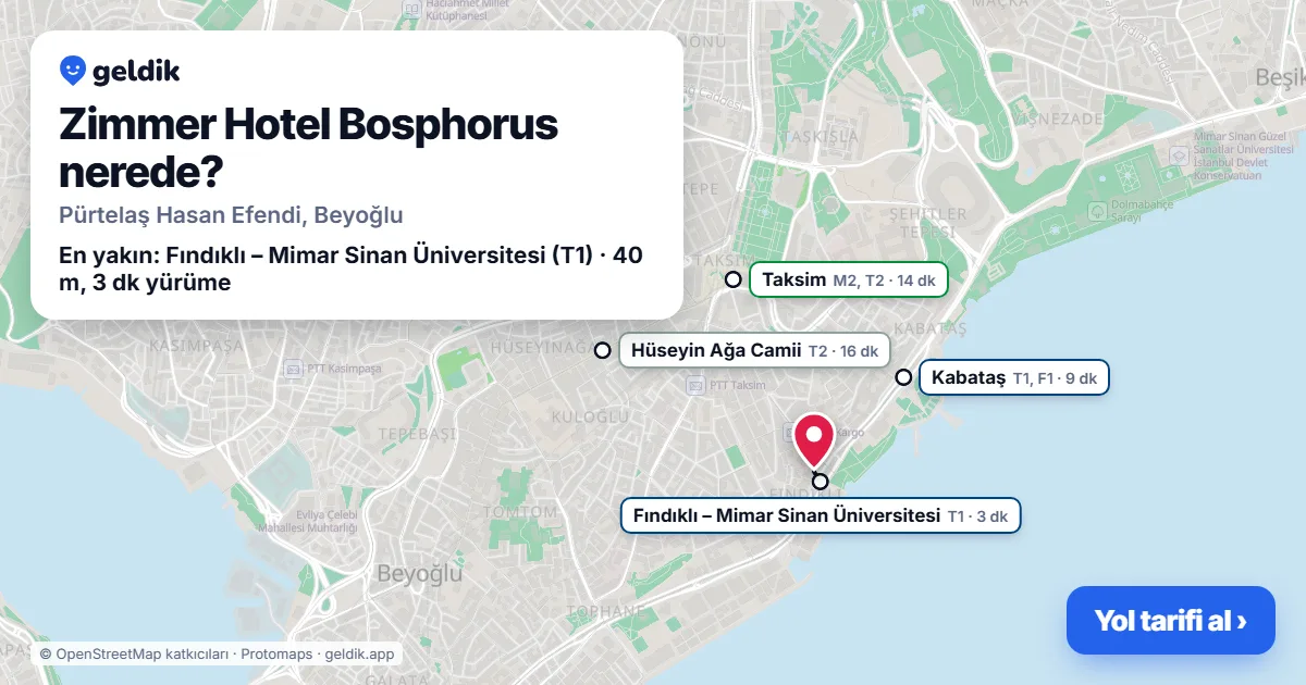 Where is Zimmer Hotel Bosphorus: map with its location and the nearest stops, with walking times