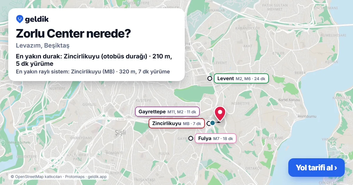 Where is Zorlu Center: map with its location and the nearest stops, with walking times