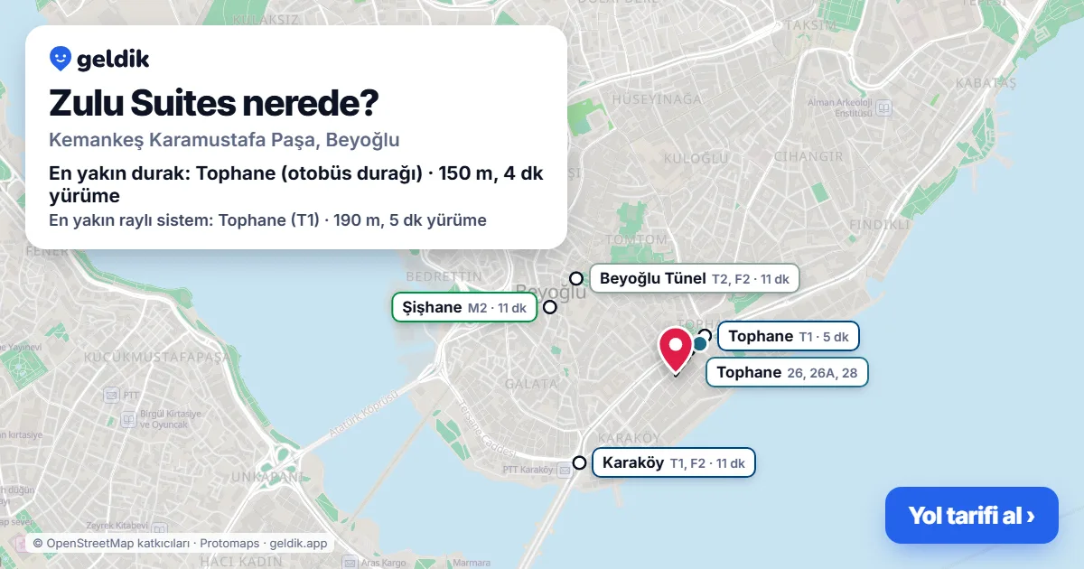 Zulu Suites nerede: haritada konumu ve en yakın duraklar, yürüme süreleriyle
