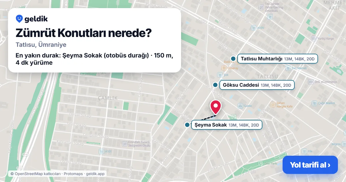 Zümrüt Konutları nerede: haritada konumu ve en yakın duraklar, yürüme süreleriyle