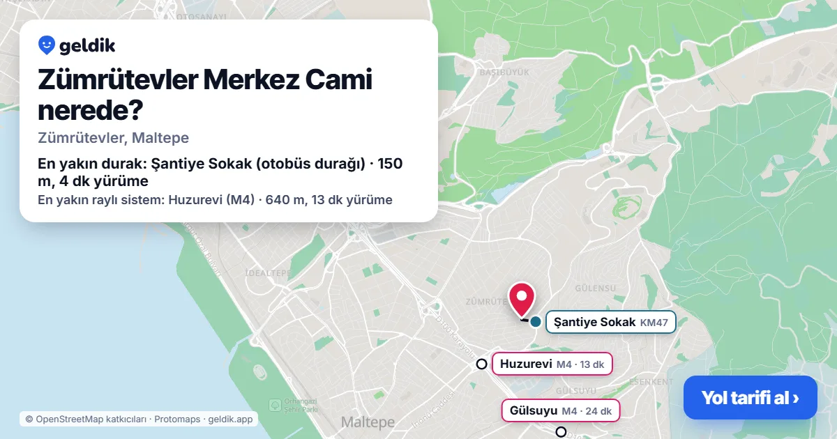 Where is Zümrütevler Merkez Cami: map with its location and the nearest stops, with walking times