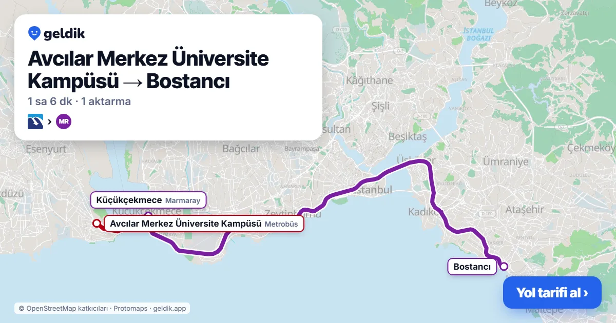 Avcılar – Bostancı yol haritası: Metrobüs → Marmaray ile ~66 dk