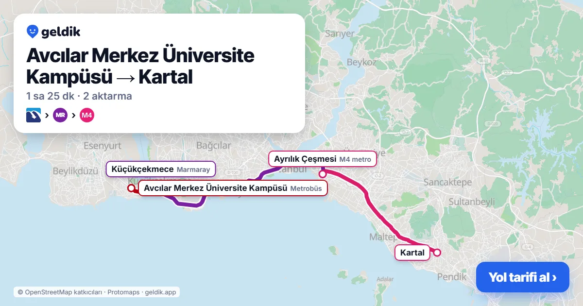 Avcılar – Kartal yol haritası: Metrobüs → Marmaray → M4 ile ~85 dk
