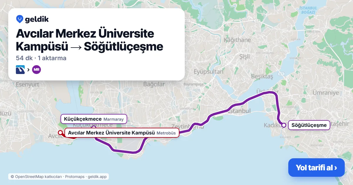 Avcılar – Söğütlüçeşme yol haritası: Metrobüs → Marmaray ile ~54 dk