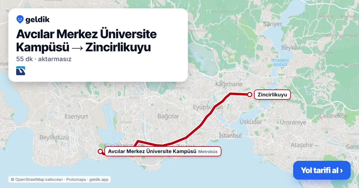 Avcılar – Zincirlikuyu yol haritası: Metrobüs ile ~55 dk