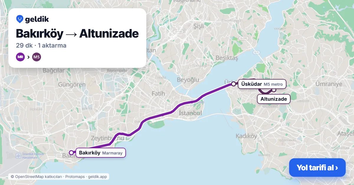 Bakırköy – Altunizade yol haritası: Marmaray → M5 ile ~29 dk