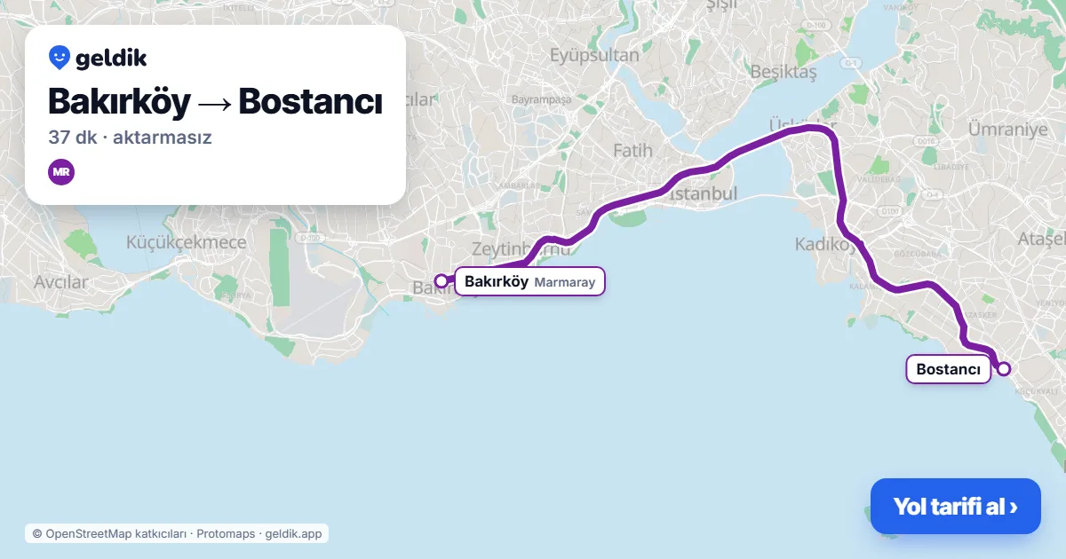 Bakırköy – Bostancı yol haritası: Marmaray ile ~37 dk