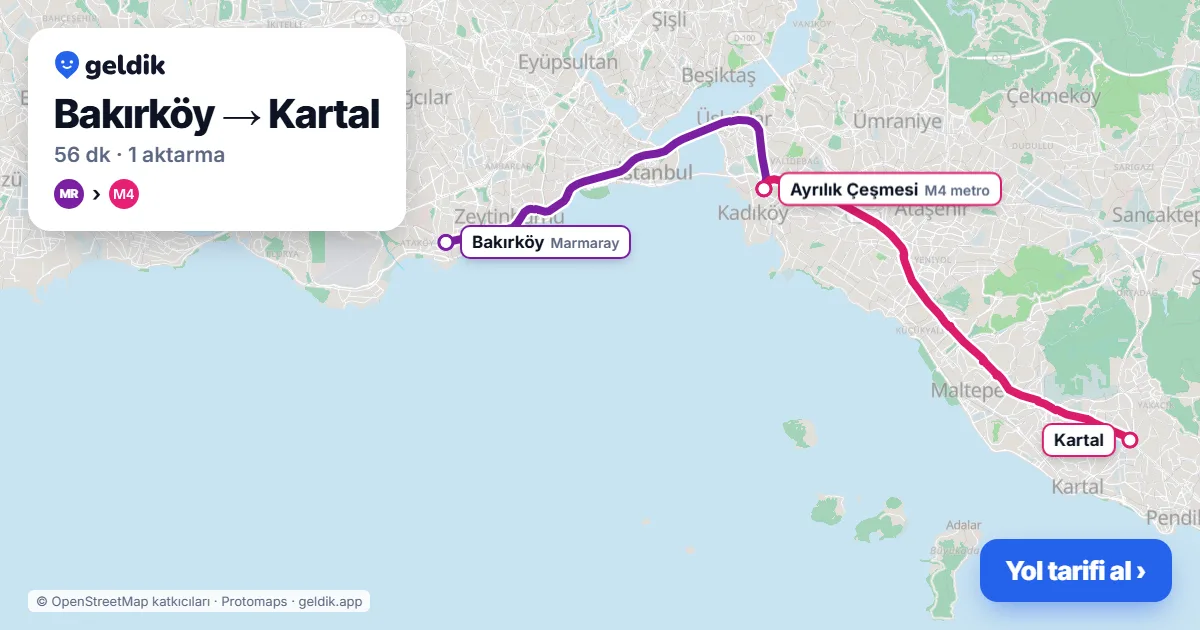 Bakırköy – Kartal yol haritası: Marmaray → M4 ile ~56 dk