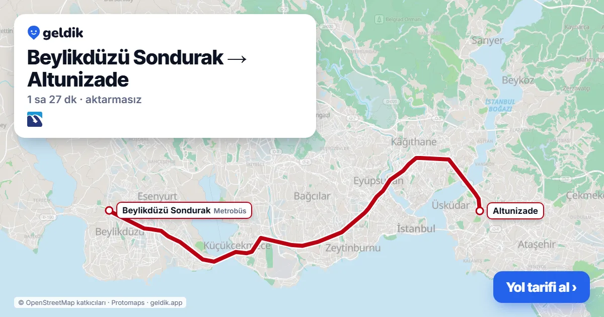 Beylikdüzü – Altunizade yol haritası: Metrobüs ile ~87 dk