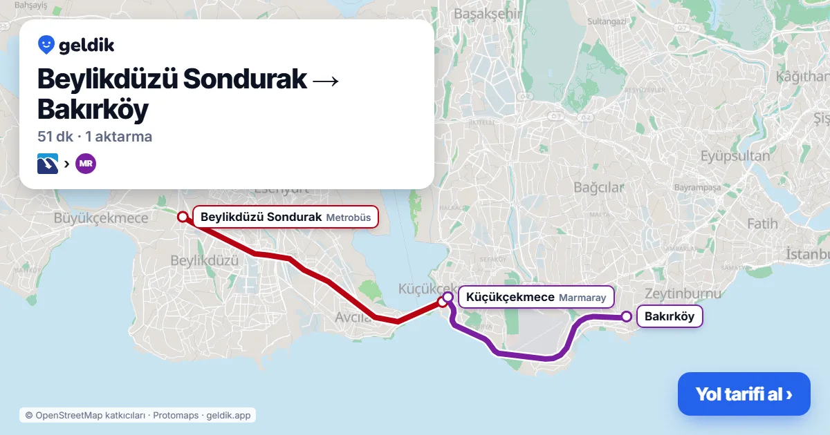 Beylikdüzü – Bakırköy yol haritası: Metrobüs → Marmaray ile ~51 dk