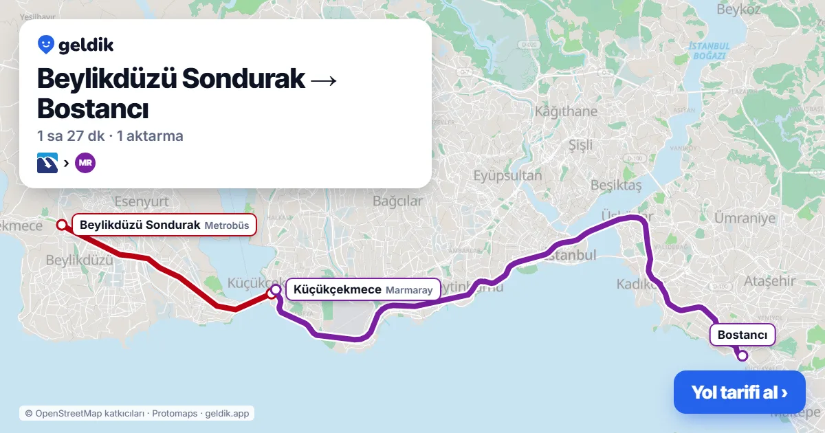 Beylikdüzü – Bostancı yol haritası: Metrobüs → Marmaray ile ~87 dk