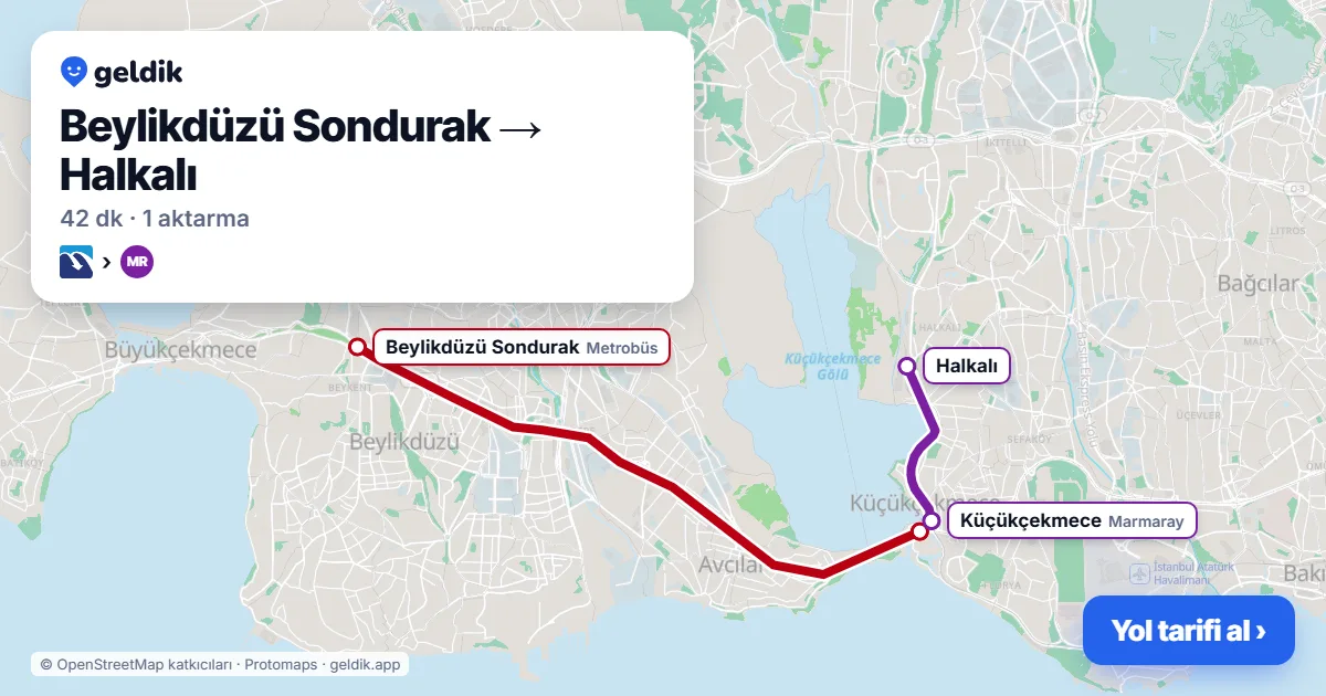Beylikdüzü – Halkalı yol haritası: Metrobüs → Marmaray ile ~42 dk