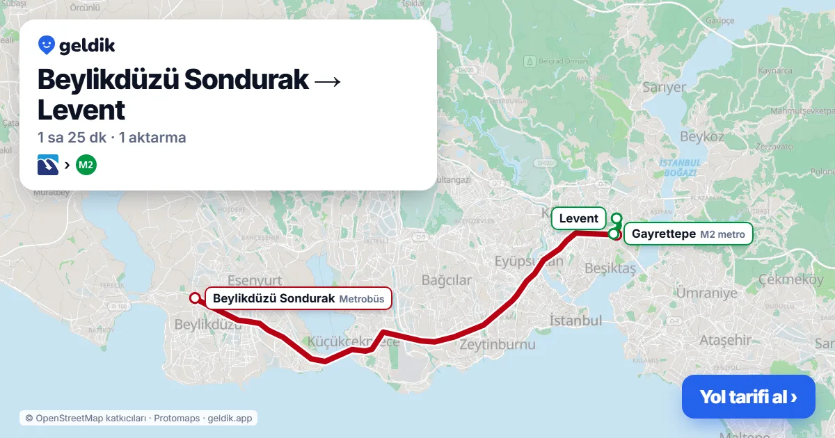 Beylikdüzü – Levent yol haritası: Metrobüs → M2 ile ~85 dk