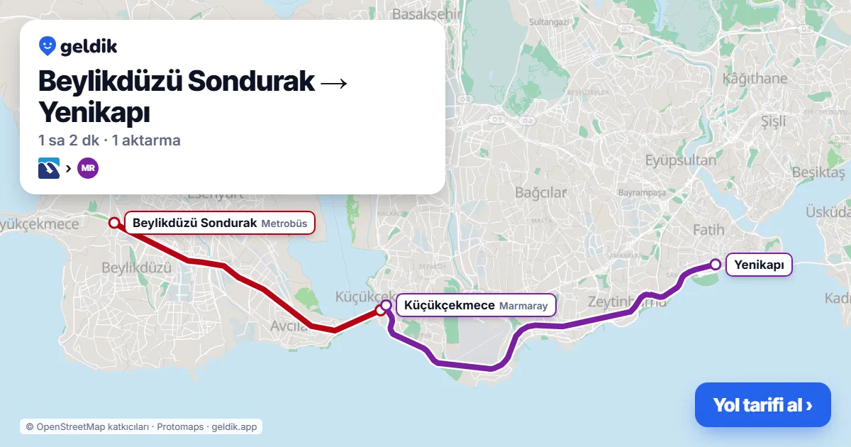 Beylikdüzü – Yenikapı yol haritası: Metrobüs → Marmaray ile ~62 dk