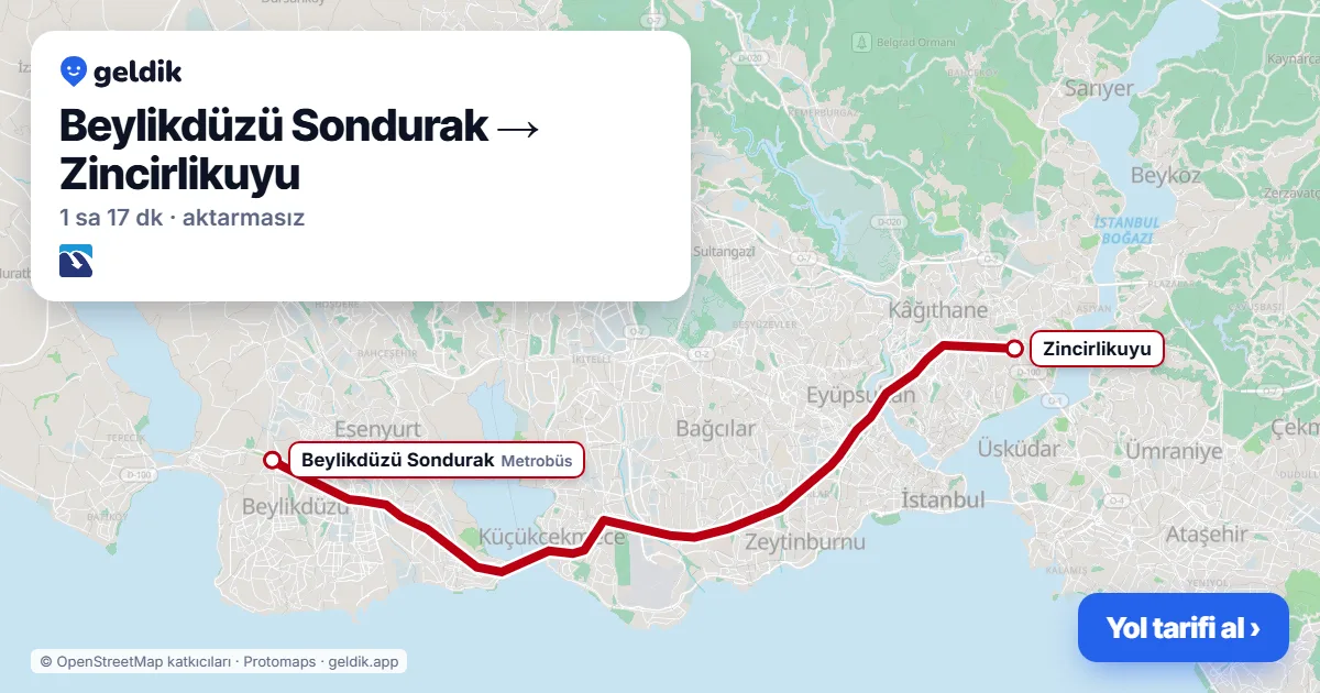 Beylikdüzü – Zincirlikuyu yol haritası: Metrobüs ile ~77 dk