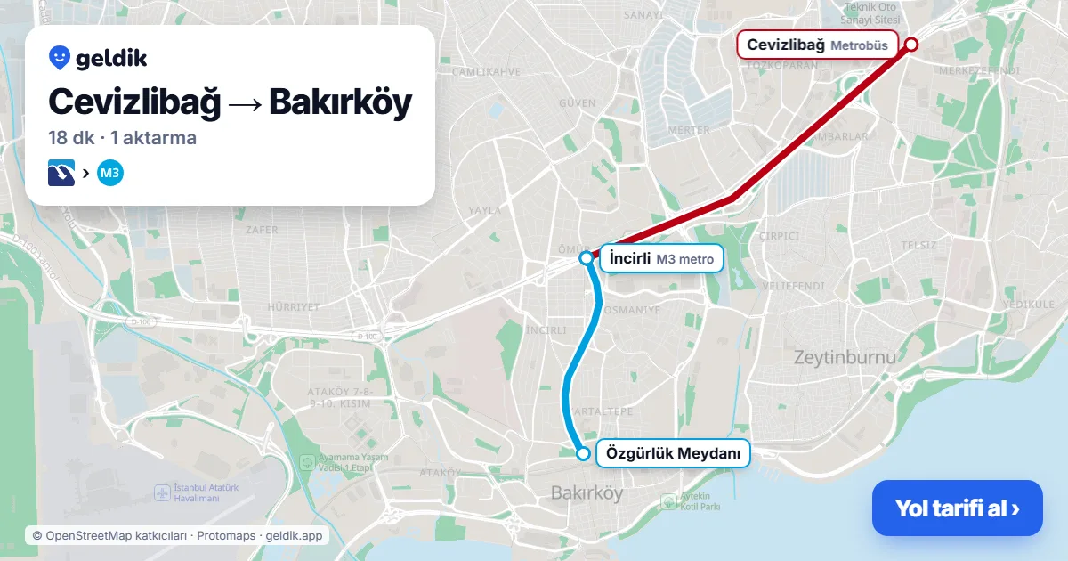 Cevizlibağ – Bakırköy yol haritası: Metrobüs → M3 ile ~18 dk