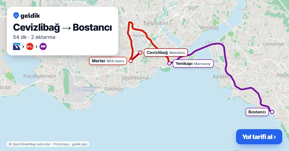 Cevizlibağ – Bostancı yol haritası: Metrobüs → M1A → Marmaray ile ~54 dk
