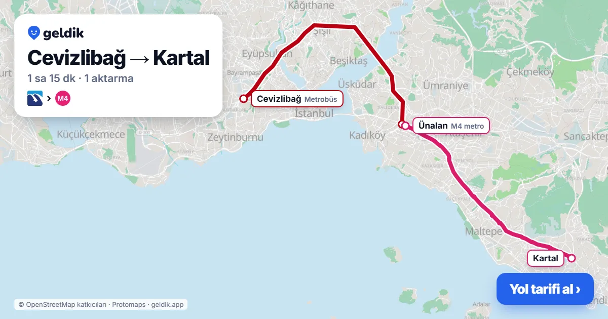 Cevizlibağ – Kartal yol haritası: Metrobüs → M4 ile ~75 dk