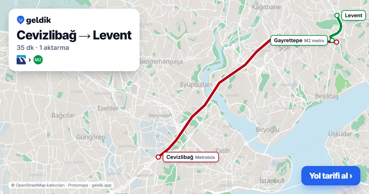 Cevizlibağ – Levent yol haritası: Metrobüs → M2 ile ~35 dk