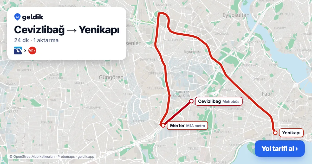 Cevizlibağ – Yenikapı yol haritası: Metrobüs → M1A ile ~24 dk
