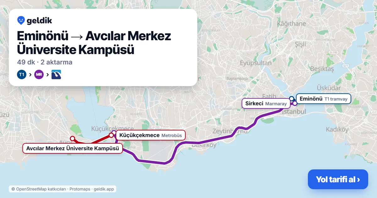 Eminönü – Avcılar yol haritası: T1 → Marmaray → Metrobüs ile ~49 dk