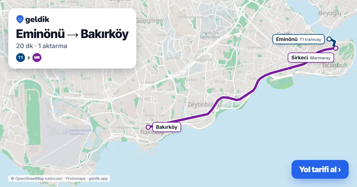 Eminönü – Bakırköy yol haritası: T1 → Marmaray ile ~20 dk