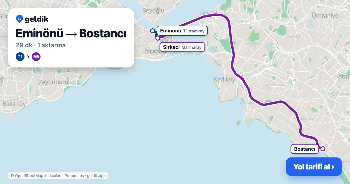 Eminönü – Bostancı yol haritası: T1 → Marmaray ile ~29 dk