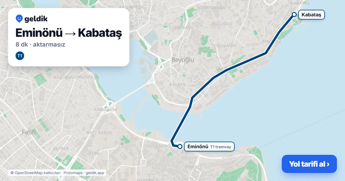 Eminönü – Kabataş yol haritası: T1 ile ~8 dk