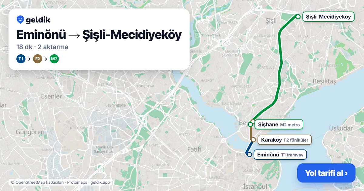 Eminönü – Mecidiyeköy yol haritası: T1 → F2 → M2 ile ~18 dk