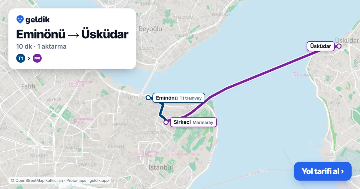 Eminönü – Üsküdar yol haritası: T1 → Marmaray ile ~10 dk