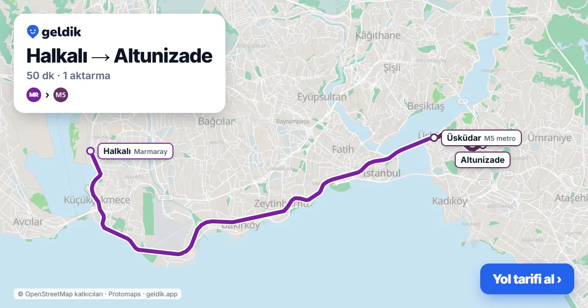 Halkalı – Altunizade yol haritası: Marmaray → M5 ile ~50 dk