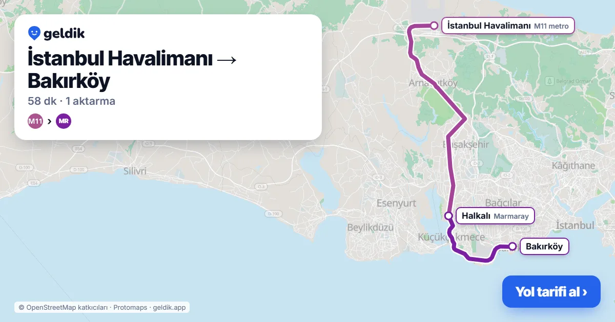 İstanbul Havalimanı – Bakırköy yol haritası: M11 → Marmaray ile ~58 dk