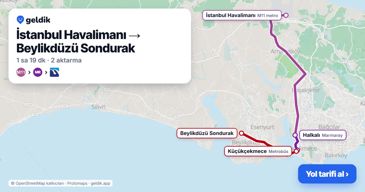 İstanbul Havalimanı – Beylikdüzü yol haritası: M11 → Marmaray → Metrobüs ile ~79 dk
