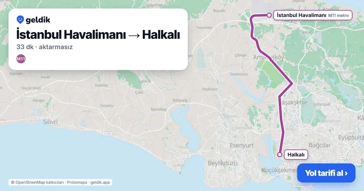 İstanbul Havalimanı – Halkalı yol haritası: M11 ile ~33 dk