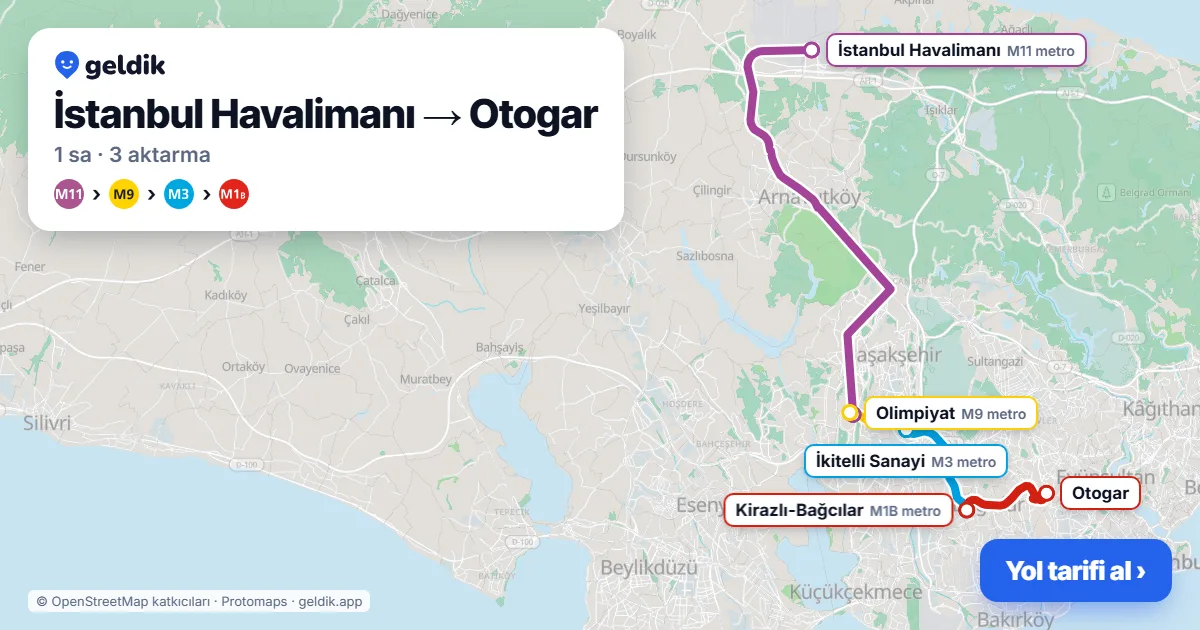 İstanbul Havalimanı – Otogar yol haritası: M11 → M9 → M3 → M1B ile ~60 dk