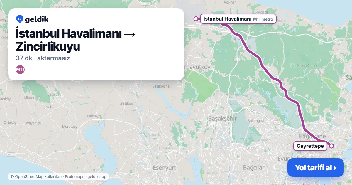 İstanbul Havalimanı – Zincirlikuyu yol haritası: M11 ile ~37 dk