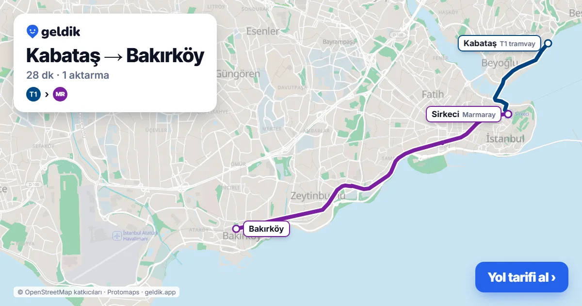 Kabataş – Bakırköy yol haritası: T1 → Marmaray ile ~28 dk