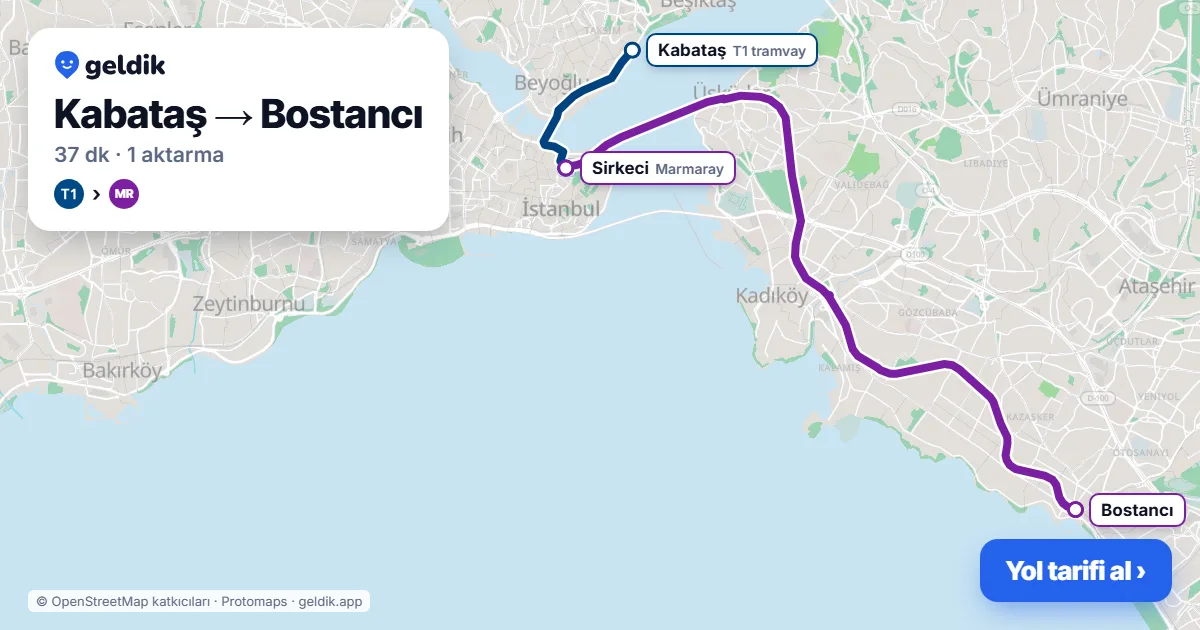 Kabataş – Bostancı yol haritası: T1 → Marmaray ile ~37 dk